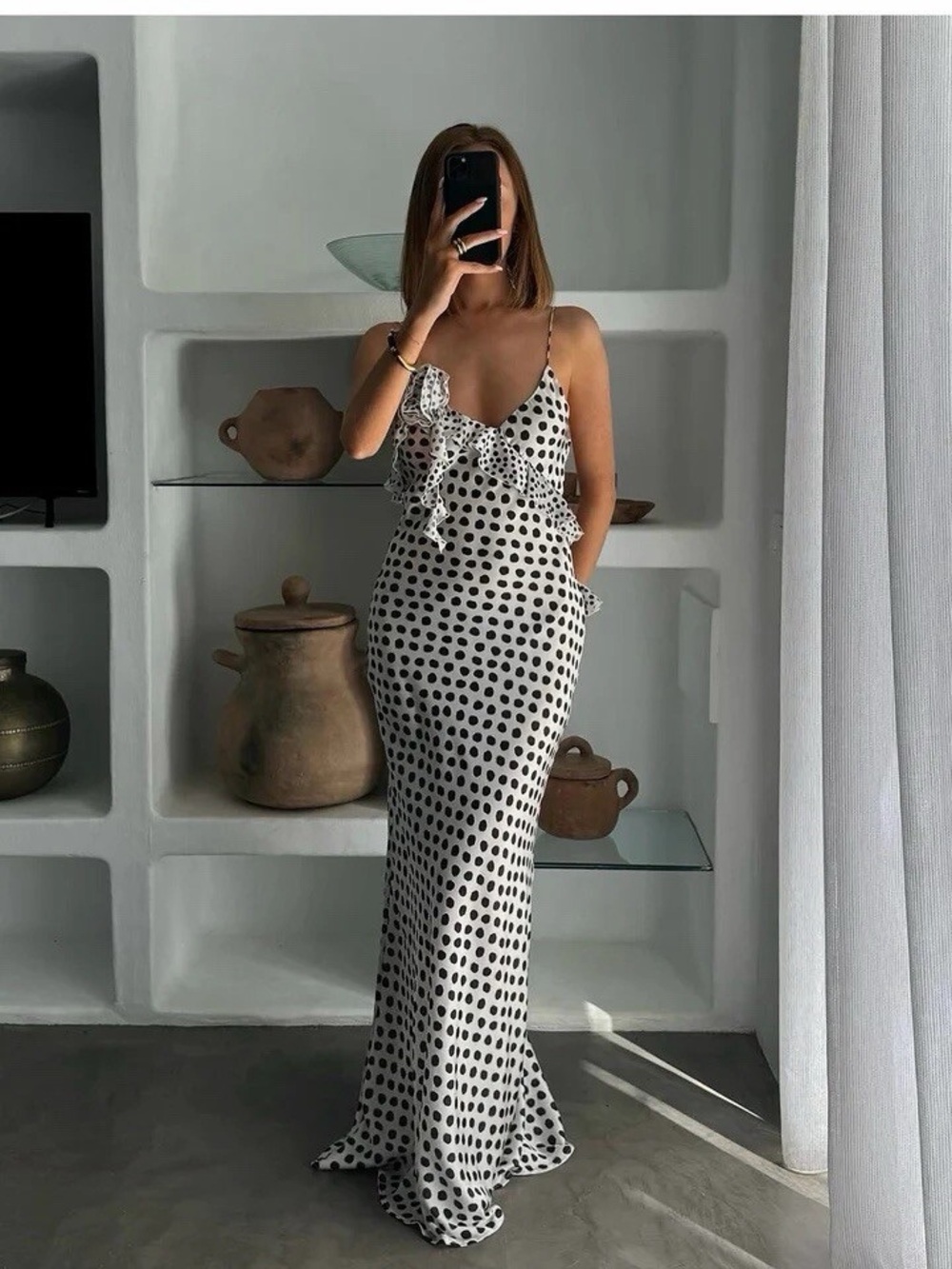 Zara Cream Maxi Dress with Black Polka Dots